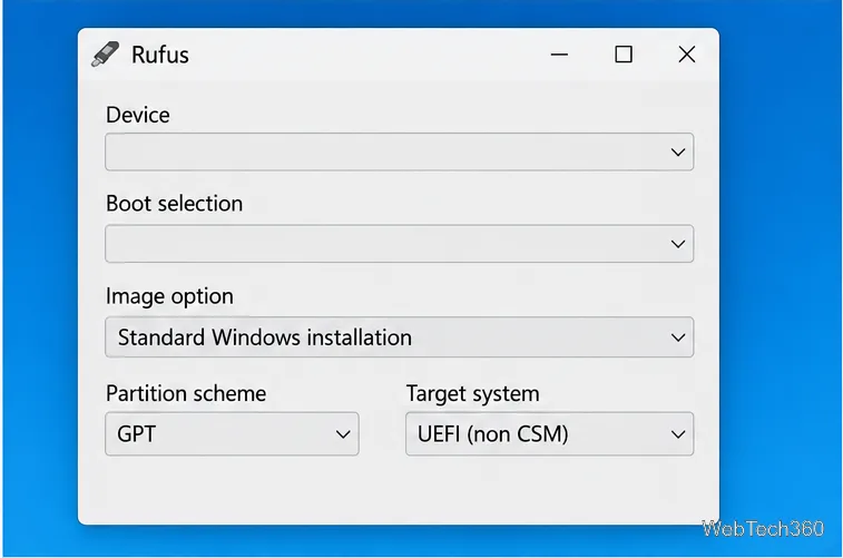 В окне Rufus отображается стандартная установка Windows, схема разделов GPT и целевая система UEFI без CSM.