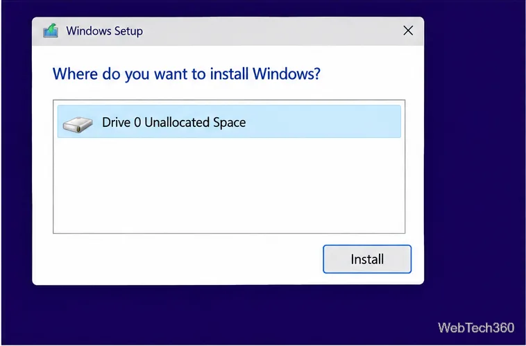 Экран установки Windows с выбранным нераспределенным пространством диска 0 и кнопкой «Установить».