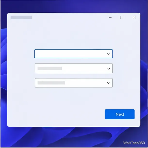 صفحة بدء تشغيل برنامج Windows مع حقول اختيار اللغة والوقت ولوحة المفاتيح وزر "التالي".