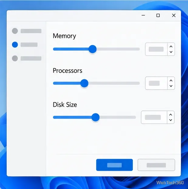 إعدادات جهاز VirtualBox التي تعرض عناصر التحكم في الذاكرة والمعالج وحجم القرص الظاهري.