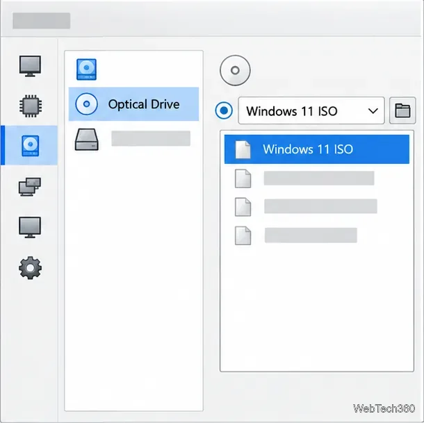 إعدادات التخزين في VirtualBox مع تحديد محرك الأقراص الضوئية واختيار ملف ISO لنظام التشغيل Windows 11 كوسيط تخزين.