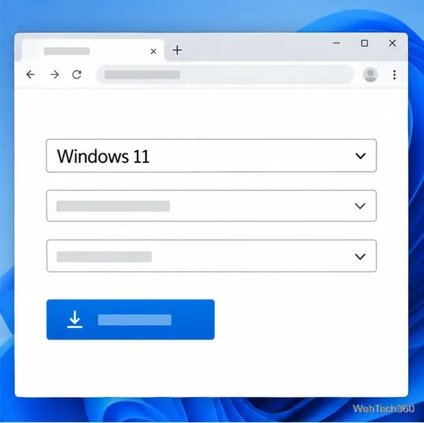 صفحة تنزيل ملفات ISO لنظام التشغيل Microsoft Windows 11 مع محددات الإصدار واللغة أعلى عنصر التحكم في التنزيل.