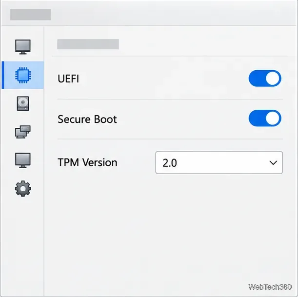 إعدادات اللوحة الأم في VirtualBox مع تمكين UEFI و Secure Boot وتعيين إصدار TPM على 2.0.