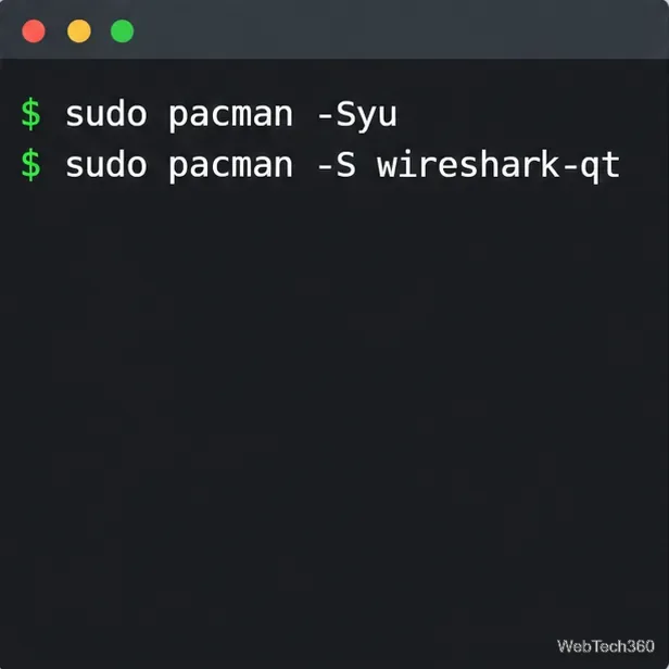 Terminal Arch Linux care afișează comenzile de actualizare a sistemului Pacman și de instalare a wireshark-qt