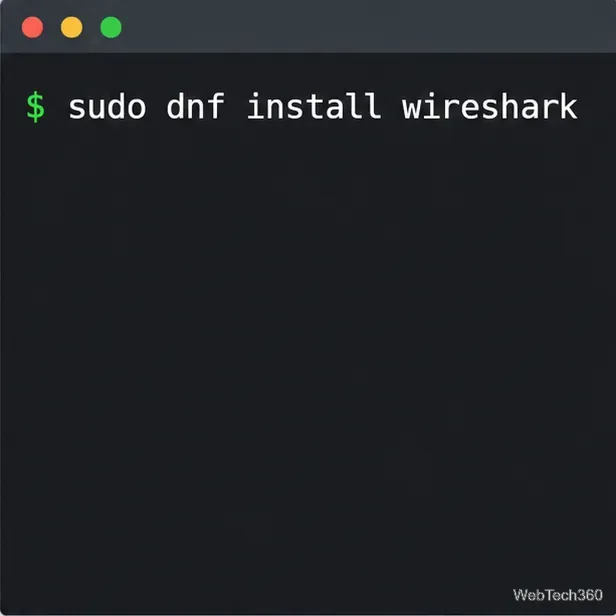 Terminalul Fedora Linux care afișează comanda dnf install wireshark