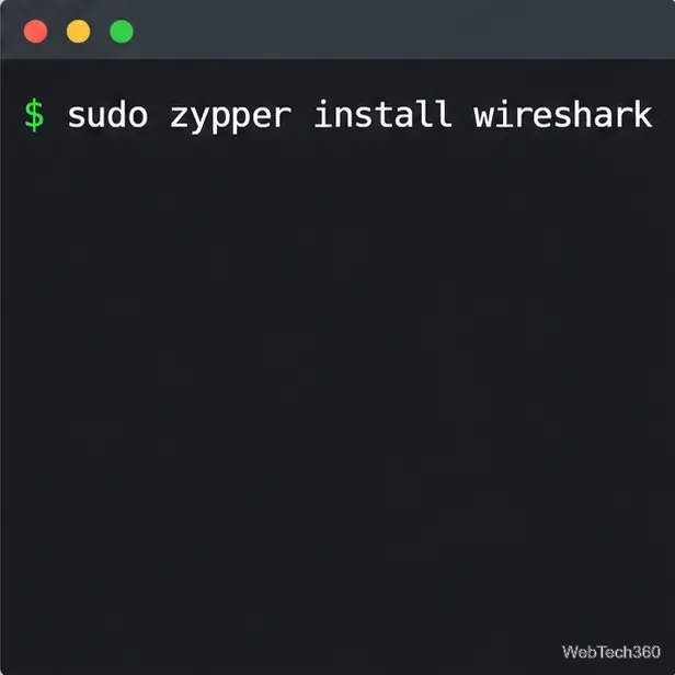 Terminalul openSUSE afișează comanda wireshark pentru instalarea zypper