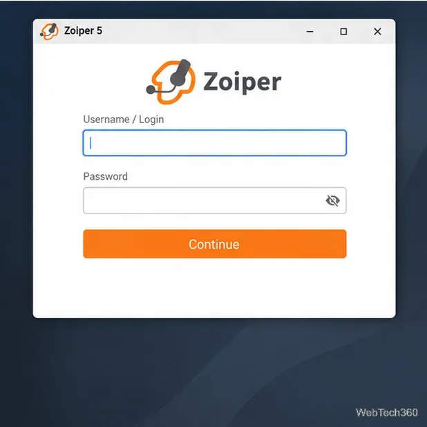 Fenêtre de création de compte de Zoiper lors de sa première utilisation, avec les champs nom d'utilisateur et mot de passe et un bouton Continuer.