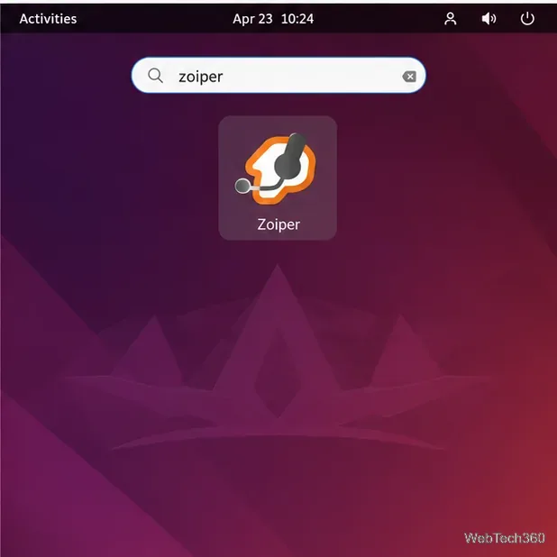 La recherche d'applications Ubuntu affiche Zoiper comme application installée.
