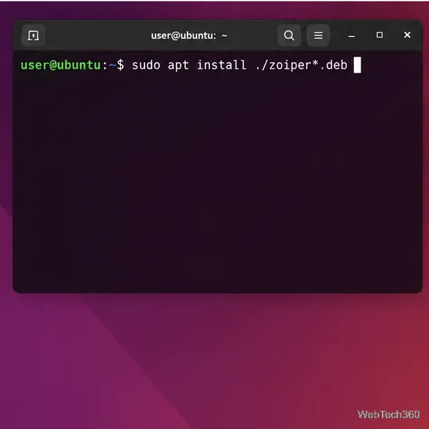 Terminal Ubuntu affichant la commande APT pour installer le paquet Debian Zoiper téléchargé.