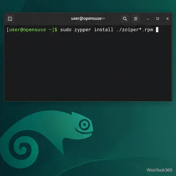 Terminal openSUSE affichant la commande Zypper pour installer un paquet RPM Zoiper local.
