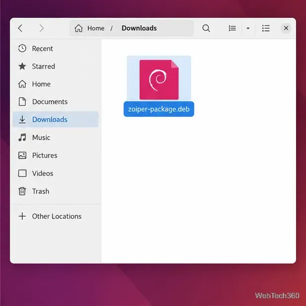 Un paquet Zoiper Debian sélectionné dans le dossier Téléchargements Linux.