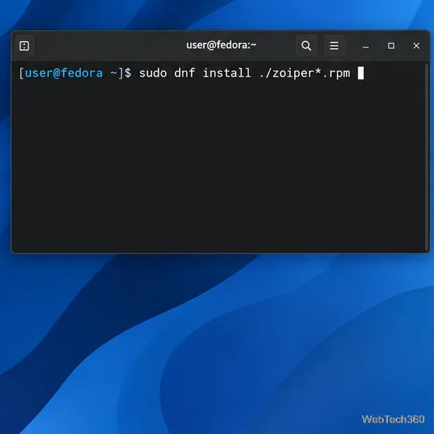Terminal Fedora affichant la commande DNF pour installer un paquet RPM Zoiper local.