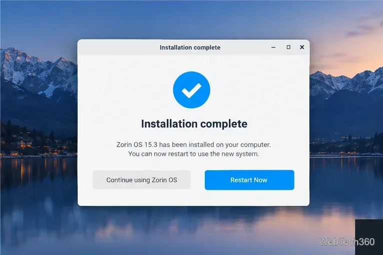 Bildschirm „Installation von Zorin OS 15.3 abgeschlossen“ mit Schaltfläche „Jetzt neu starten“