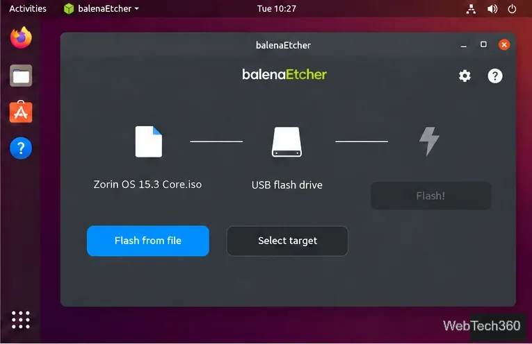 balenaEtcher mit der Zorin OS 15.3 Core ISO-Datei und einem USB-Stick als Ziel