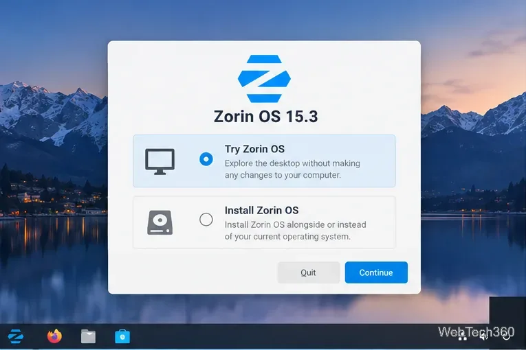 Willkommensbildschirm von Zorin OS 15.3 mit den Optionen „Zorin OS testen“ und „Zorin OS installieren“.