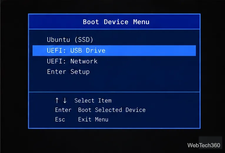 Firmware-Bootmenü mit hervorgehobenem UEFI-USB-Laufwerkseintrag