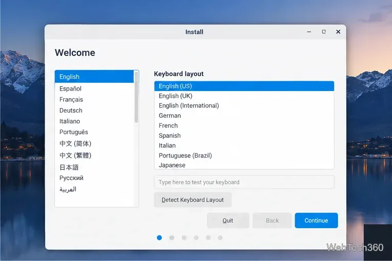 Zorin-Installationsprogramm: Sprach- und Tastaturauswahl (Englisch und Englisch (USA) ausgewählt)