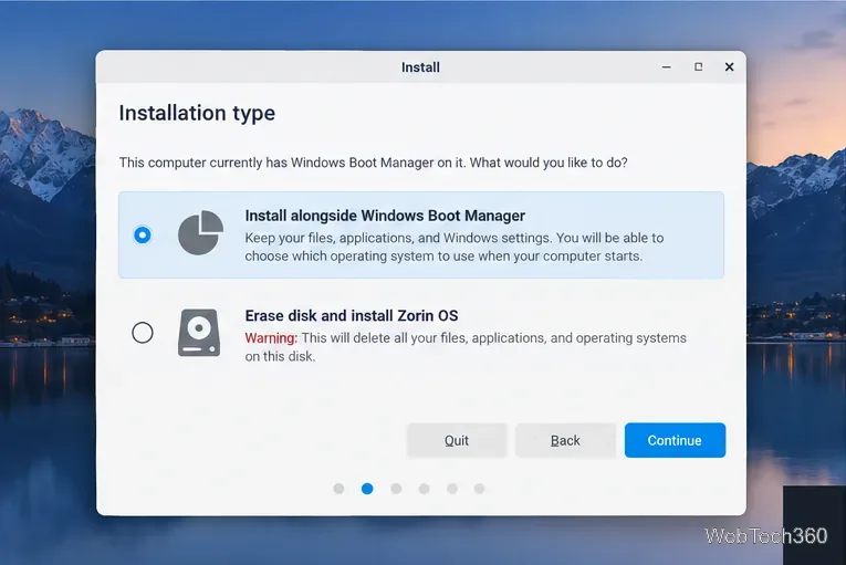 Der Installationsbildschirm bietet die Optionen „Neben dem Windows-Startmanager installieren“ oder „Datenträger löschen“.