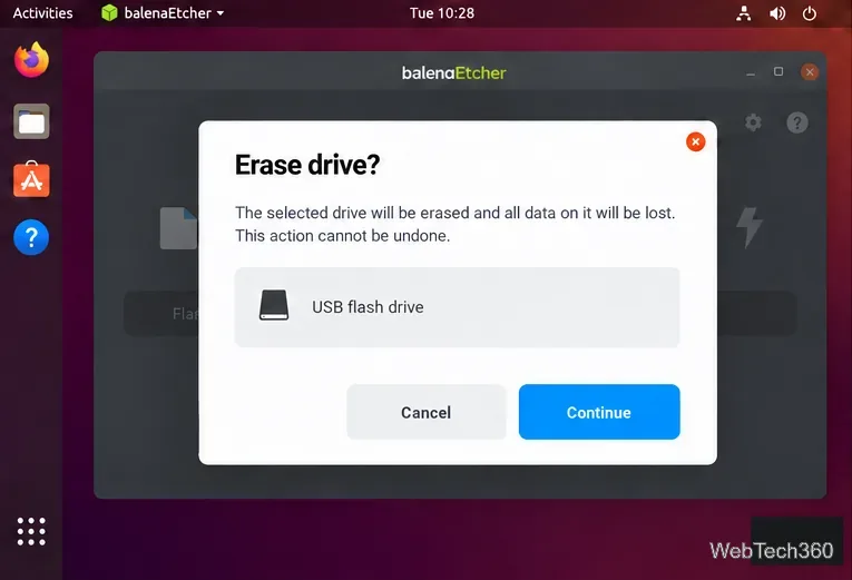 balenaEtcher warnt davor, dass der ausgewählte USB-Stick gelöscht wird.