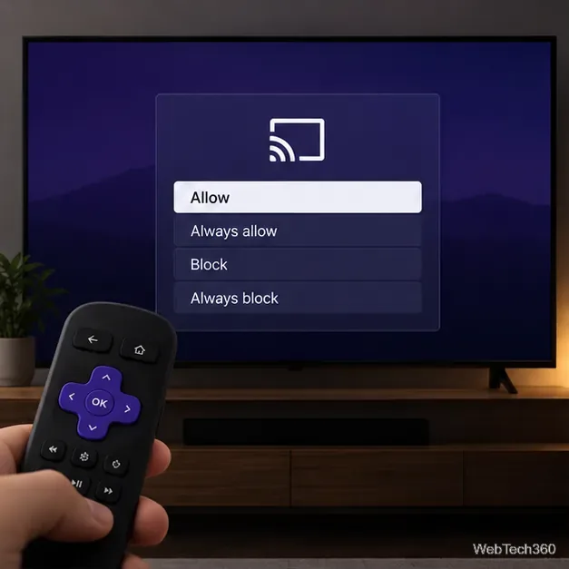 Roku 螢幕鏡像權限提示,提供「允許」、「始終允許」、「封鎖」和「始終封鎖」選項。