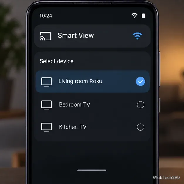 Android Smart View 裝置列表,已選擇客廳 Roku。