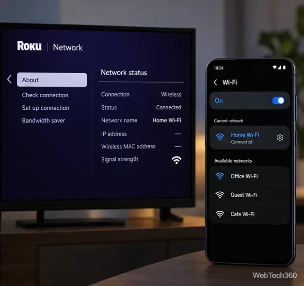 Roku 網路狀態和 Android Wi-Fi 設定都顯示相同的家庭 Wi-Fi 網路。