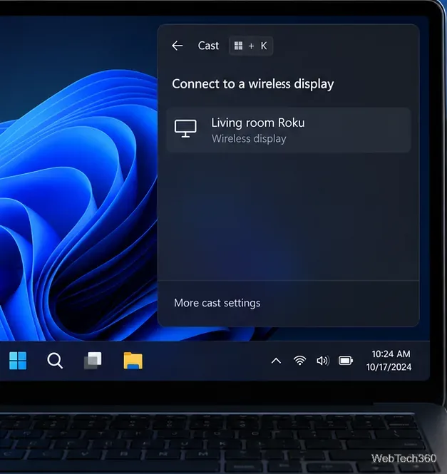 Windows 11 無線顯示器選擇器將客廳 Roku 列為顯示器。