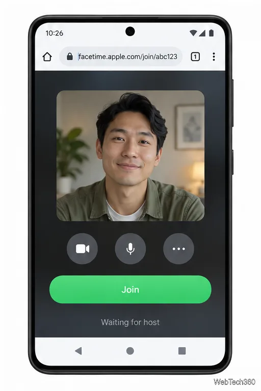 صفحة FaceTime على نظام Android تعرض زر الانضمام وحالة انتظار المضيف.