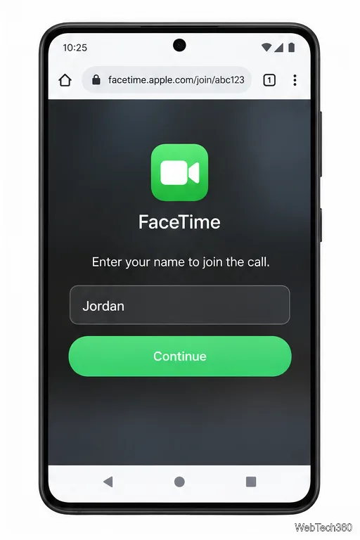 صفحة الانضمام إلى FaceTime على الويب في متصفح Chrome على نظام Android، مع إدخال اسم وظهور زر المتابعة.