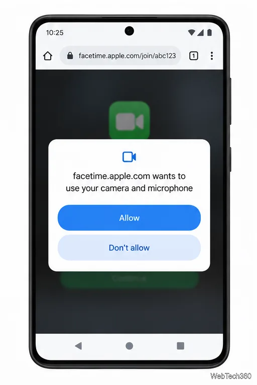 تظهر نافذة منبثقة في متصفح كروم تطلب السماح لتطبيق FaceTime باستخدام كاميرا وميكروفون هاتف Android، مع زري "السماح" و"عدم السماح".