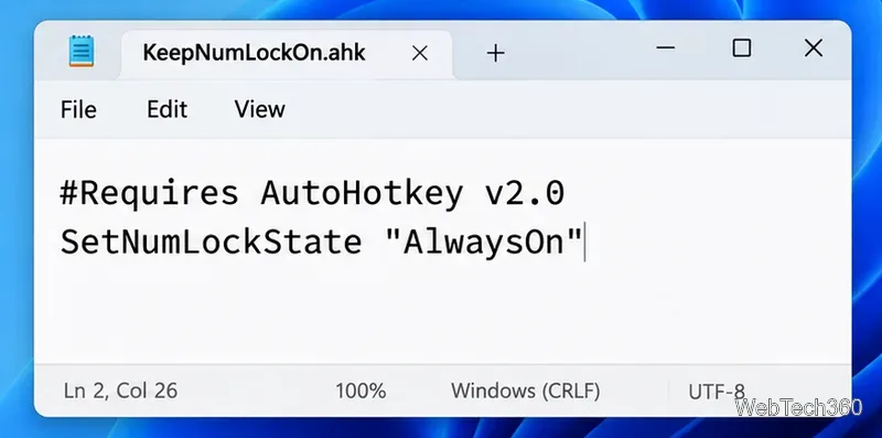 Script AutoHotkey v2 aberto em um editor de texto com SetNumLockState AlwaysOn ativado