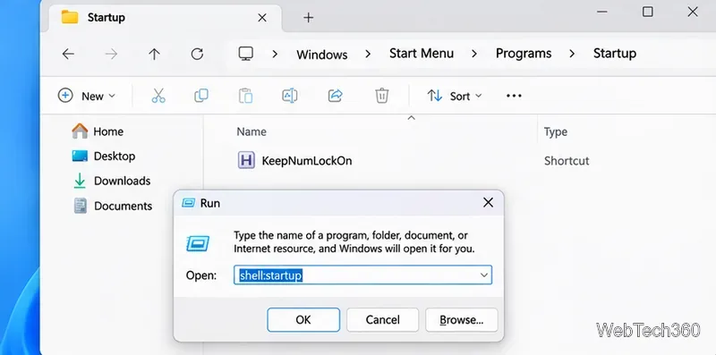 Pasta Inicialização do Windows contendo um atalho KeepNumLockOn ao lado da caixa de diálogo Executar, exibindo shell:startup