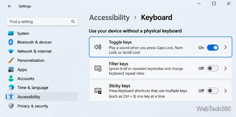 Configurações de acessibilidade do teclado no Windows 11 mostrando as teclas de alternância ativadas.