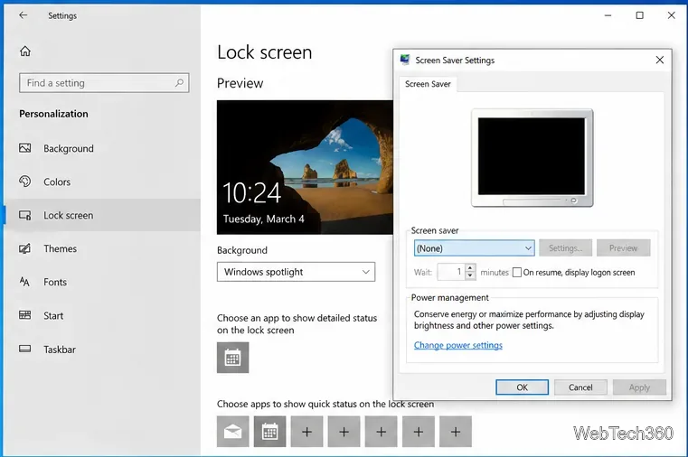 Configurações da tela de bloqueio do Windows 10 com a caixa de diálogo Configurações do Protetor de Tela aberta e o protetor de tela definido como Nenhum.