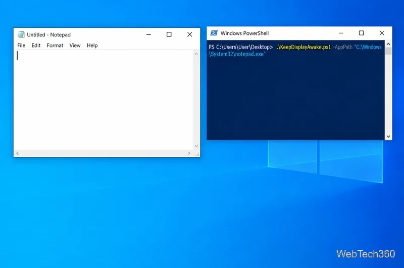 O Bloco de Notas está aberto ao lado de um console do PowerShell que ainda executa o comando KeepDisplayAwake.ps1.