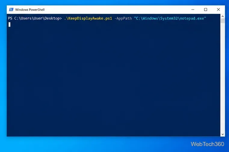Windows PowerShell executando KeepDisplayAwake.ps1 com o caminho do executável do Bloco de Notas fornecido como AppPath