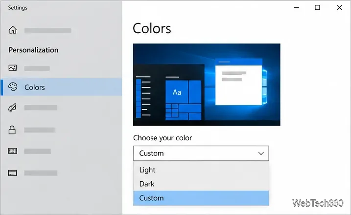 Setările Culori Windows 10 cu opțiunea Personalizat selectată în meniul Alege culoarea