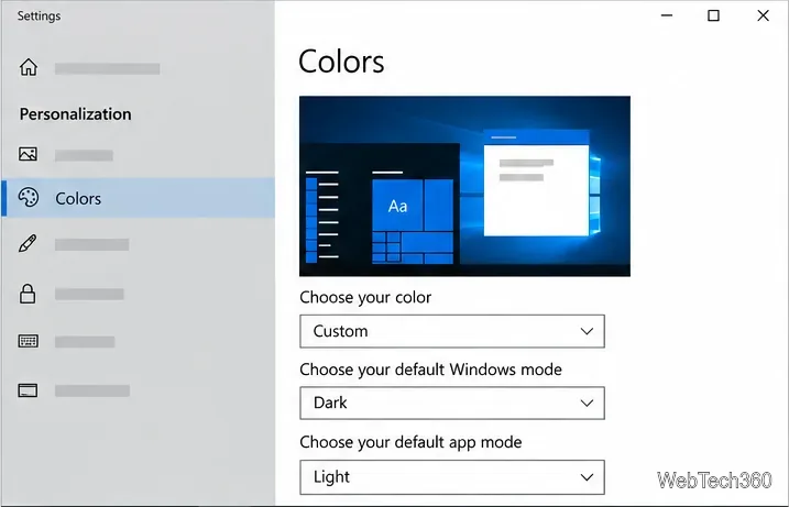 Setările de culori Windows 10 care afișează Personalizat, modul Windows Întunecat și modul Aplicație Luminos