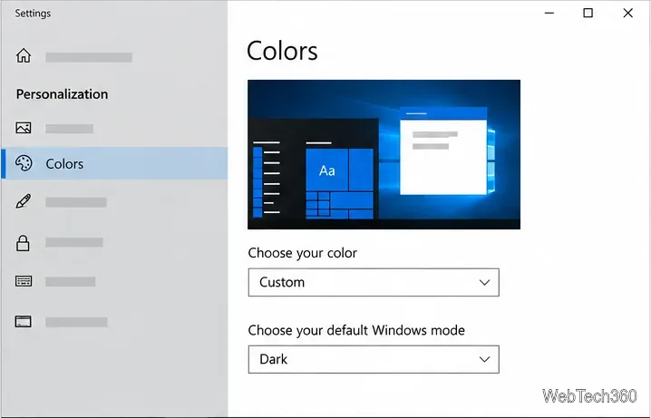 Setările Culori Windows 10 cu opțiunea Alegeți modul implicit Windows setată pe Întunecat