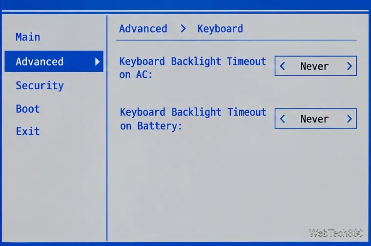 Menu tastiera BIOS in stile Dell con timeout della retroilluminazione CA e a batteria impostato su Mai