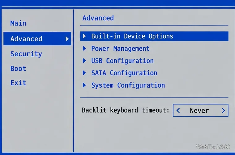 Menu BIOS in stile HP con opzioni dispositivo integrato e timeout tastiera retroilluminata impostato su Mai