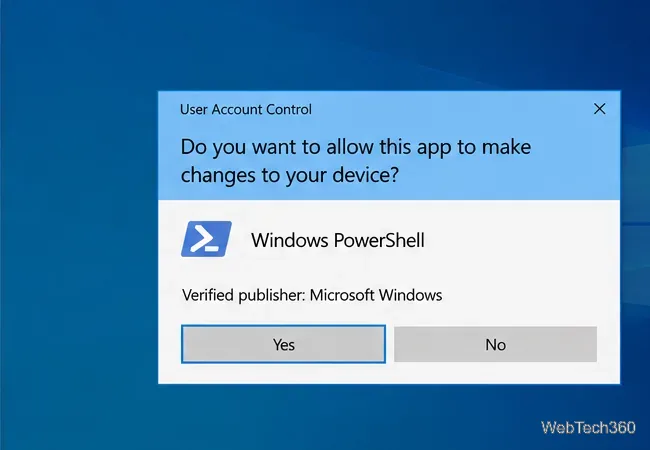 Windows 10 User Account Control prompt asking whether Windows PowerShell can make changes to the device.
