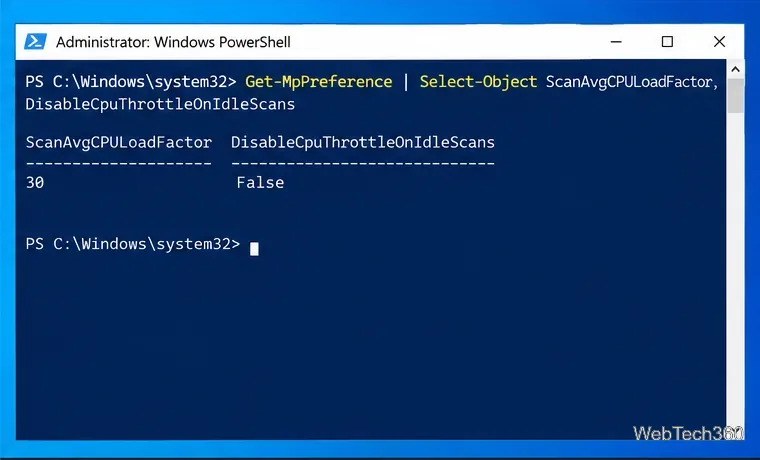 PowerShell output showing ScanAvgCPULoadFactor at 30 and DisableCpuThrottleOnIdleScans set to False.