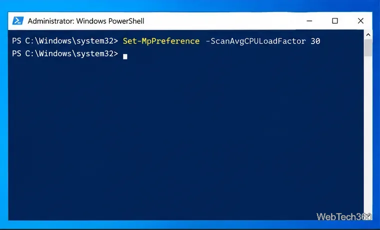 Administrator Windows PowerShell console with Set-MpPreference -ScanAvgCPULoadFactor 30 entered.