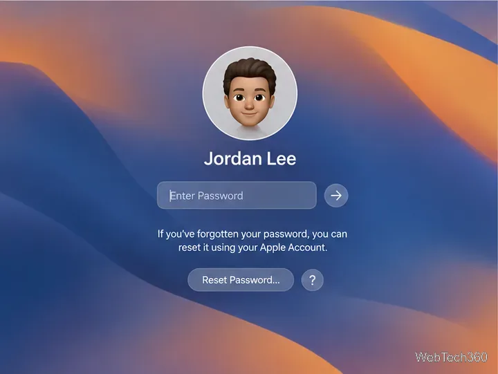 The Mac login window shows a user, a password field, and a Reset Password option.