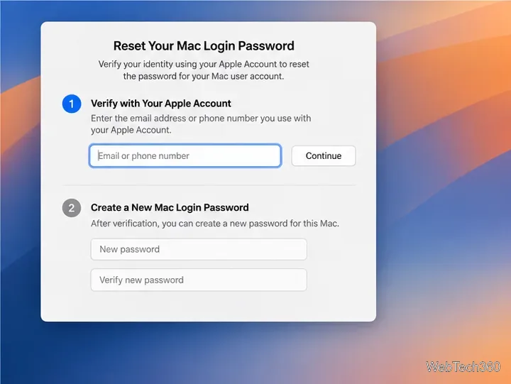 A password-reset screen asks to verify an Apple Account before creating a new Mac login password.
