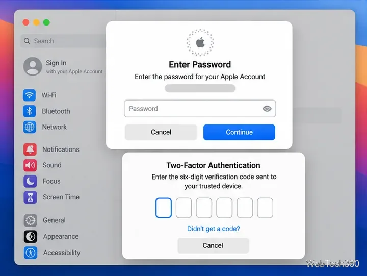 Apple Account sign-in asks for a password and a six-digit two-factor code.
