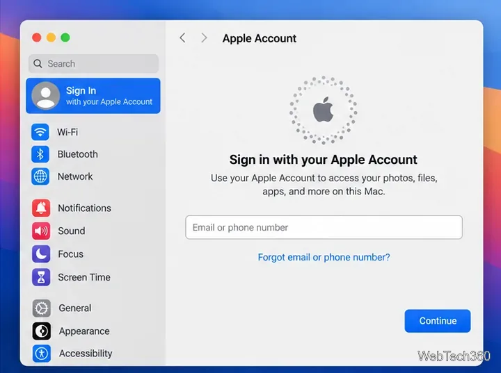 System Settings shows Sign In and an Apple Account email or phone number field.