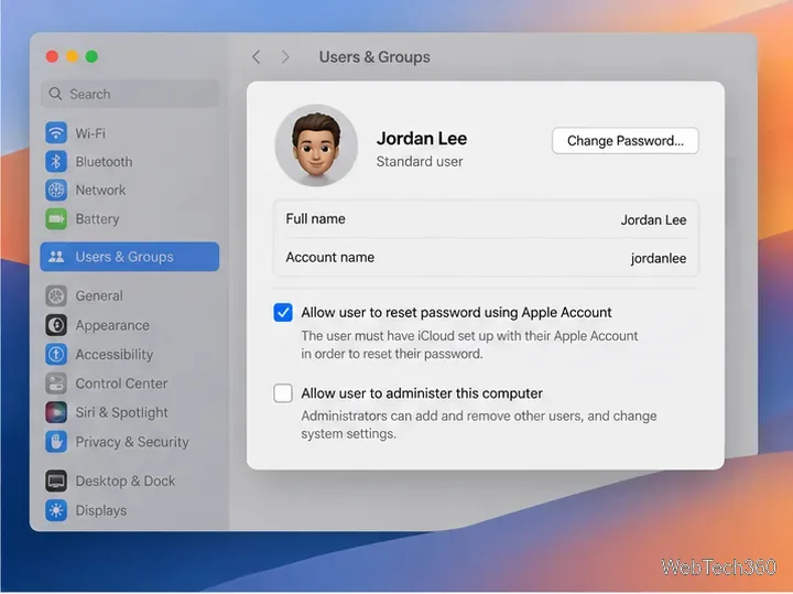 A Mac user settings pane has Allow user to reset password using Apple Account selected.