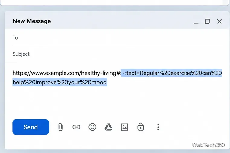 Meldungsfenster mit einer URL und einem Textfragment, das mit einem Hash-Doppelpunkt Tilde-Doppelpunkt beginnt